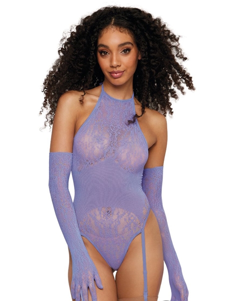 Ensemble body en dentelle violette à col haut par DreamGirl